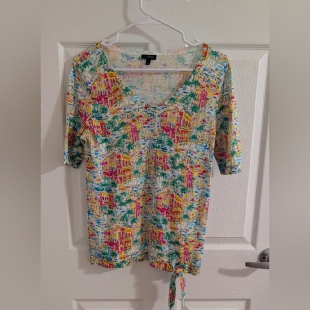 Talbots Streets Of Santorini Greece V Neck Side Tie 100% Cotton  Sweater Size S